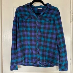 Columbia Long Sleeve Checkered Plaid Flannel Button Up Small Blue Teal Purple